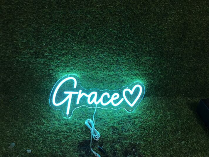 Brighten Up Your Wedding, Office, or Bar Decor with the Personalized Custom Grace With Heart LED Neon Sign.