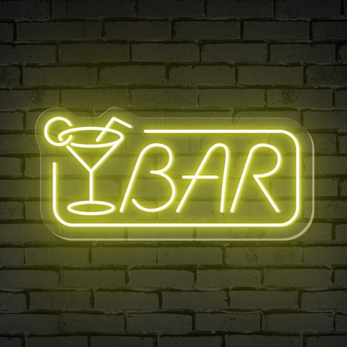 Enhance Your Bar, Office, or Event Space with the Elegant Glow of Bar Word Cocktail Glass Rectangle Frame Neon Sign.