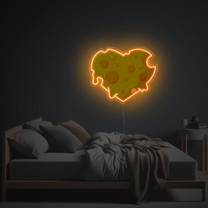 Add a Romantic Touch to Your Bedroom, Wedding, or Valentine's Celebration with Heart Shaped Cheese LED Neon Acrylic Artwork.
