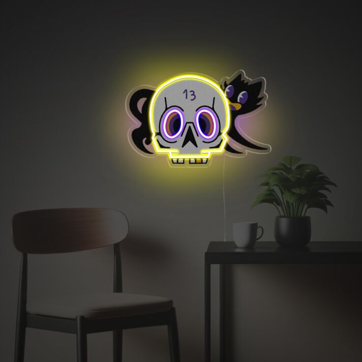 Add a hauntingly stylish touch to your home, bar, or Halloween party with Human Skull Head With Black Hat LED Neon Acrylic Artwork.