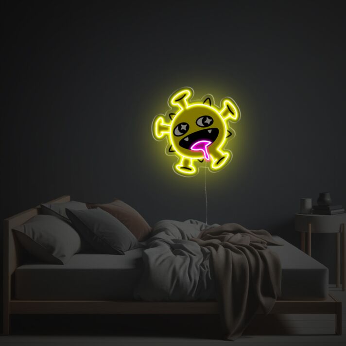 Brighten Up Your Workspace or Illuminate Your Next Party with the Little Yellow Virus LED Neon Acrylic Artwork.