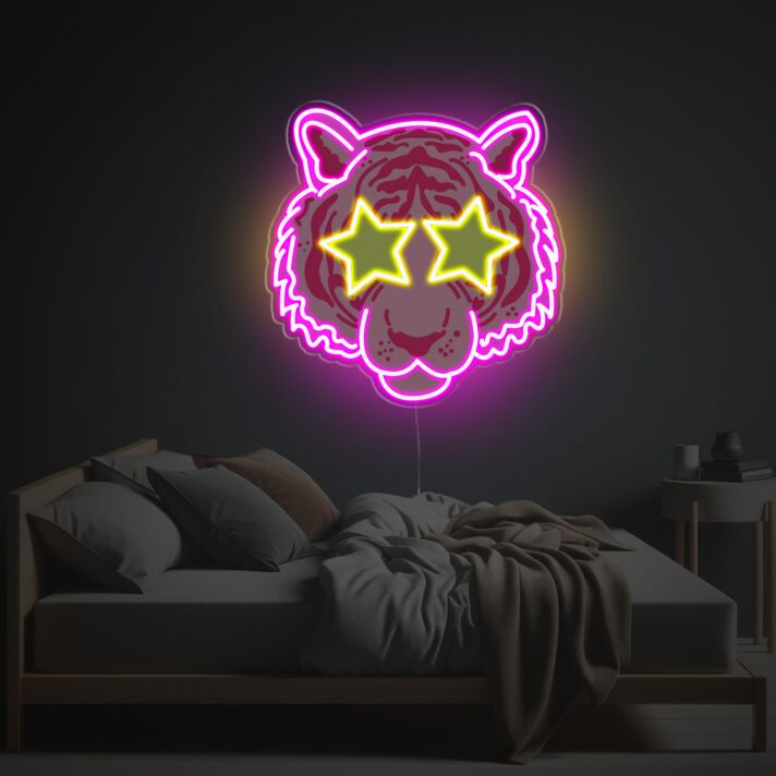 Brighten Up Your Space: Pinky Tiger With Star Eyes LED Neon Acrylic Artwork for Bars, Events, and Chic Home Decor.