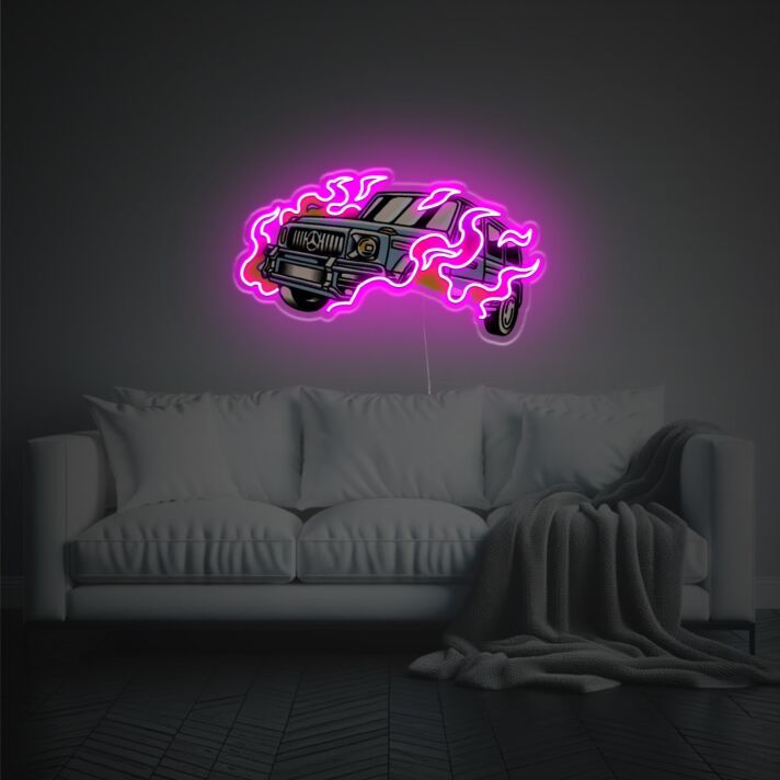 Enhance Your Bar or Auto Showroom's Ambiance with Purple Flame Benz G-Class SUV LED Neon Acrylic Artwork.
