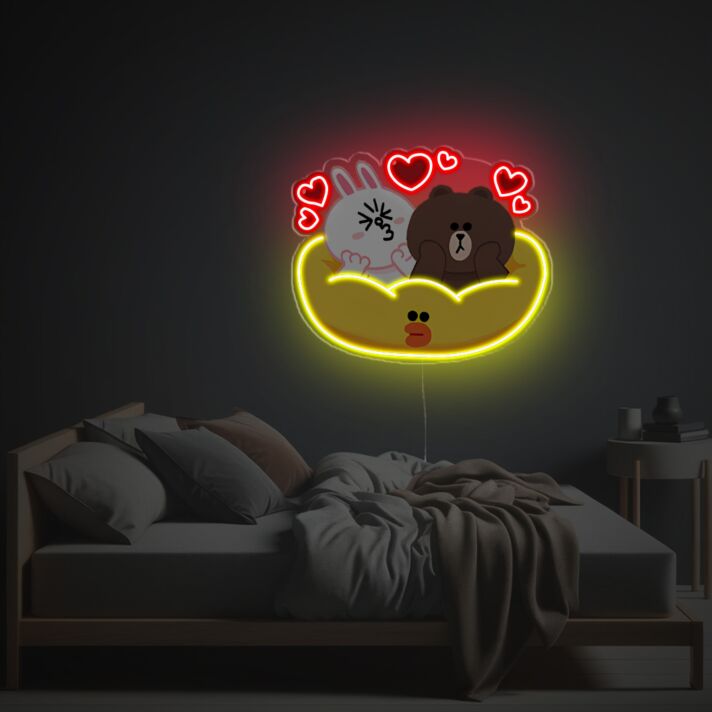 Brighten Your Space: Ideal for Home Decor, Bars, and Children's Rooms - Rabbit And Bear Sitting Ducky Sofa LED Neon Acrylic Artwork.