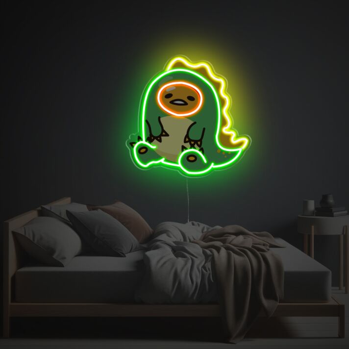 Enhance your home, office, and evening events with the vibrant Sitting Yolk Man In Dinosaur Suit LED Neon Acrylic Artwork.