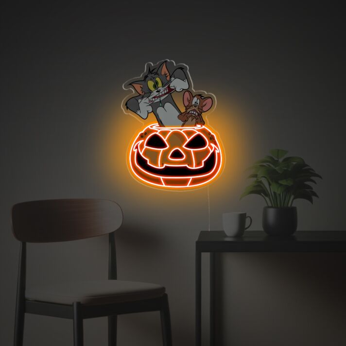Brighten Your Halloween Celebration and Themed Decor: Tom And Jerry With Halloween Pumpkin LED Neon Acrylic Artwork for Home, Party, and Event Ambiance.
