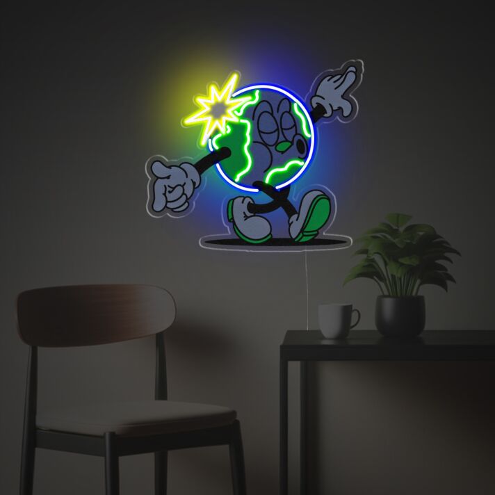 Brighten Up Your Space: Whistling Earth Guy LED Neon Acrylic Artwork Ideal for Office, Bar, and Home Décor.