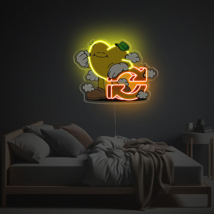 Revamp Your Space: Yellow Heart Man With Recycle Sign LED Neon Acrylic Artwork for Bars, Eco-themed Events, and Home Décor