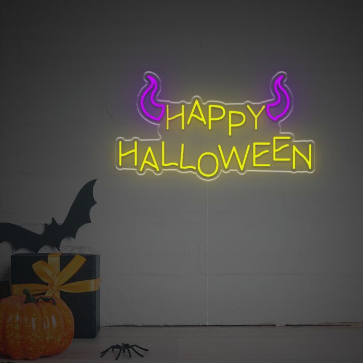 Brighten Your Spooky Season: Happy Halloween With Bull Corn LED Neon Sign Perfect for Home Decor, Office Festivities, and Halloween Parties