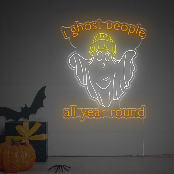 Brighten Up Your Space: I Ghost People All Year Round LED Neon Sign Perfect for Home Decor, Bars, and Halloween Celebrations.