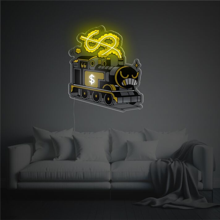 Elevate Your Space: Angry Money Train LED Neon Acrylic Artwork for Office, Bars, and Trendsetting Home Decor.