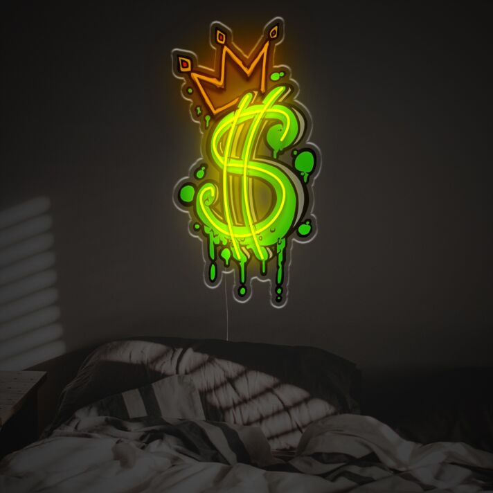 Elevate your space from home offices to bars with the eye-catching Dollar Sign With Crown LED Neon Acrylic Artwork.