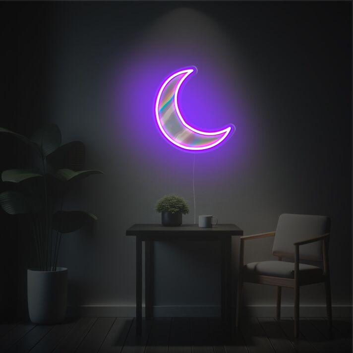Brighten Your Nights: From Cozy Bedrooms to Vibrant Parties with Purple Missing Moon LED Neon Acrylic Artwork.