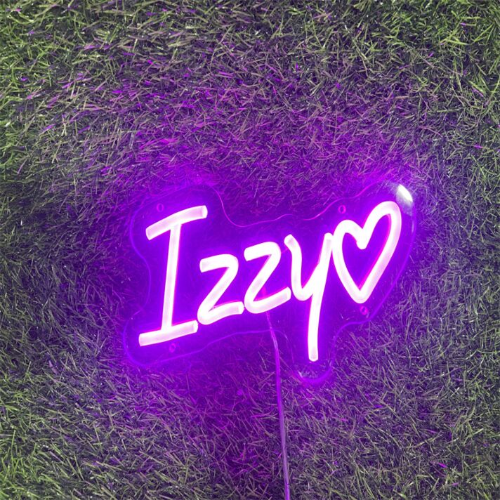 Brighten Your Space: Izzy With Heart Purple LED Neon Sign for Home Decor, Bars, and Romantic Weddings.