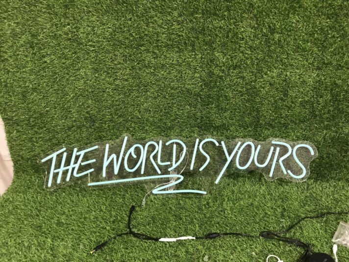 Brighten Up Any Space - Blue The World Is Yours Custom LED Neon Sign Perfect for Home Decor, Offices, Bars, and Special Events.