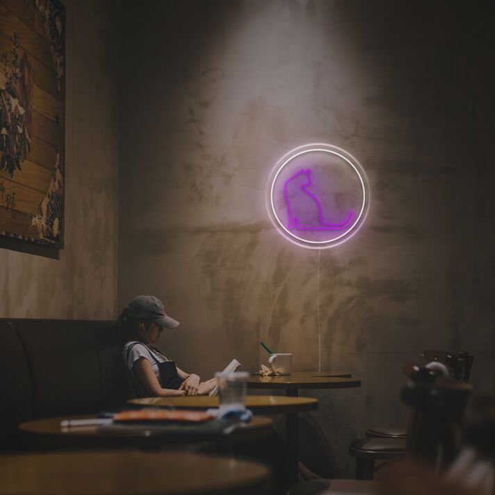 Brighten Your Space: Kitty Outline With Circle LED Neon Sign for Home Decor, Office Ambiance, and Festive Celebrations
