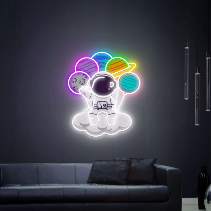 Light Up Your Space Adventures: Astronauts Sitting On Cloud Space UV Neon Sign Perfect for Kids’ Rooms, Home Offices, and Sci-Fi Themed Parties.