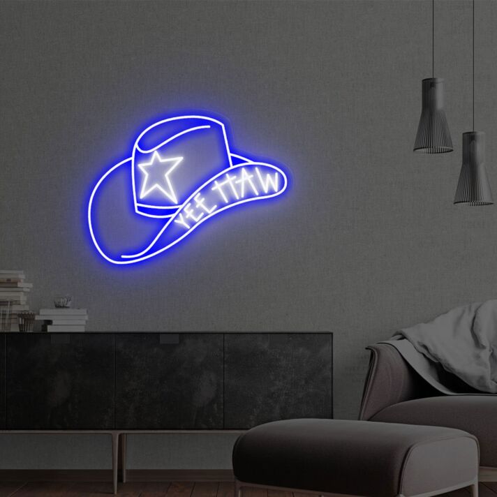 Transform Your Space: Cowboy Hat With Yee Haw Neon Sign for Chic Home Decor, Vibrant Office Settings, and Buzzing Bar Atmospheres