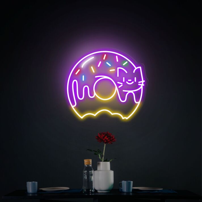 Add a quirky twist to your cafe or bakery with the Cute Donut Cat Led Neon Sign Sweet Donuts Sign Wall Decor, perfect for creating a whimsical atmosphere.