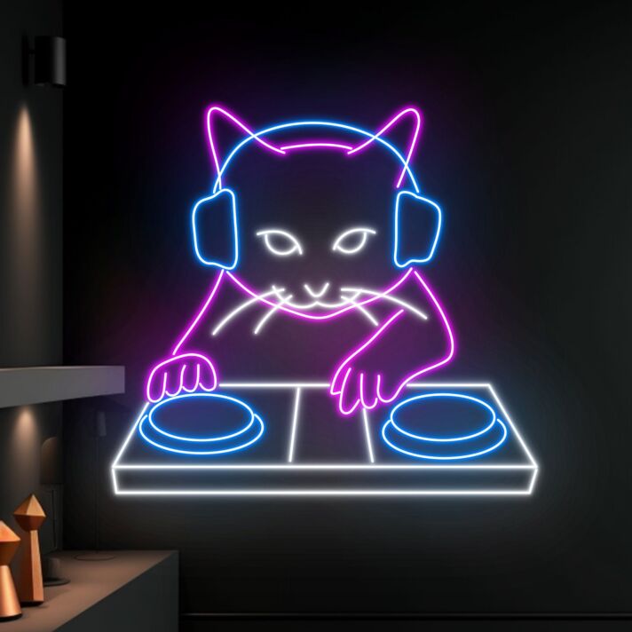 Bring the Beat to Your Space with Cat Playing DJ LED Sign - A Perfect Neon Light for Home, Bars, Clubs, and Cat Lovers' Gatherings.