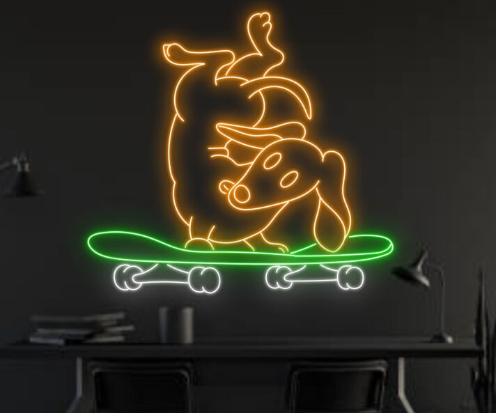 Brighten Your Home, Office, or Party Ambiance with the Cute Dog Skateboarder Led Sign Dachshund Neon Light Room Club Decors.