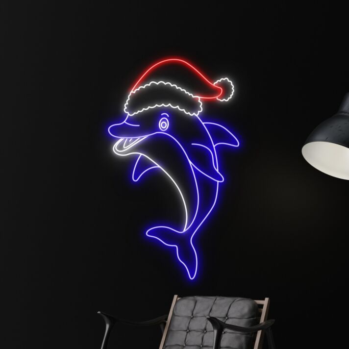 Brighten Up Your Festivities: Dolphin Christmas Hat Led Neon Sign for Sea Animal Enthusiasts - The Perfect Addition to Home Decor, Office Celebrations, and Holiday Parties.