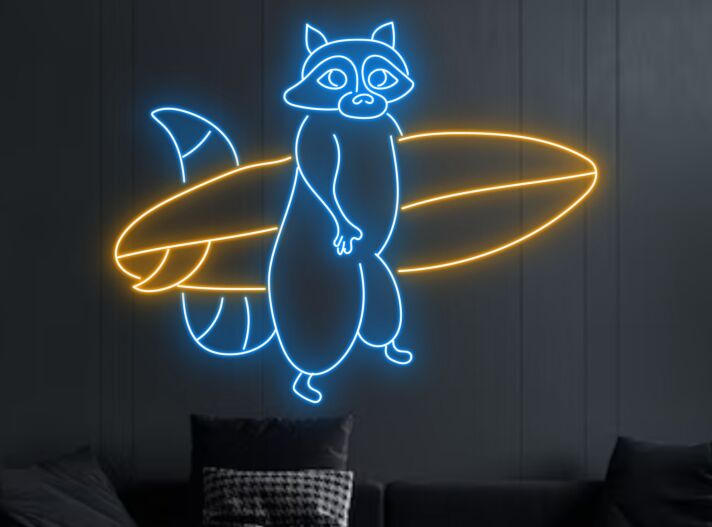 Raccoon Hold Surfboard Led Neon Sign