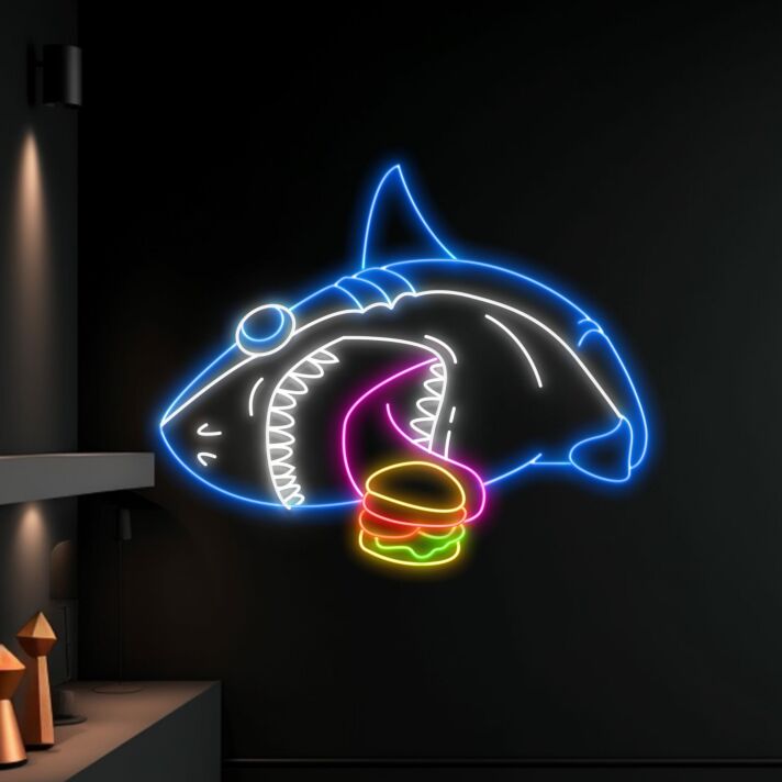 Shark Eat Hamburger Led Neon Sign Funny Shark Led Sign Cool Shark Neon Light Bakery Shop