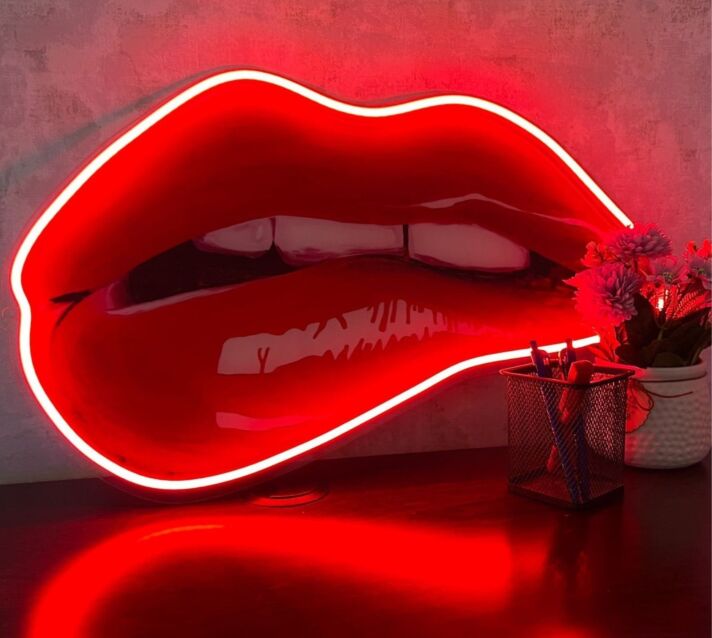 Lip Bite Uv Printed Neon Artwork - Embrace The Allure Of Seductive Glow