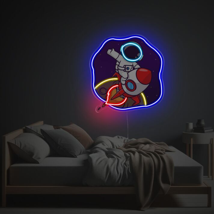 Astronaut Escaping The Moon With Rocket LED Neon Acrylic Artwork