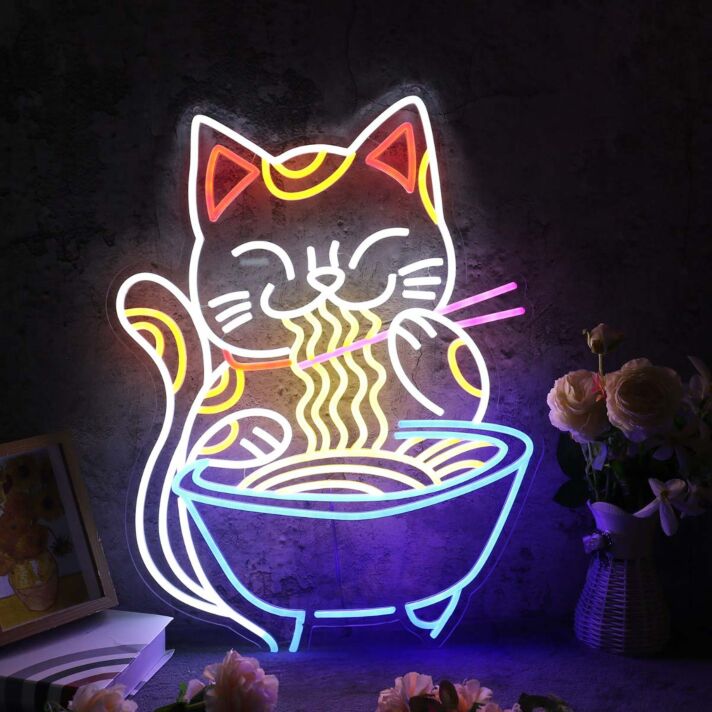 Lucky Cat Eating Noodles Custom Neon Sign