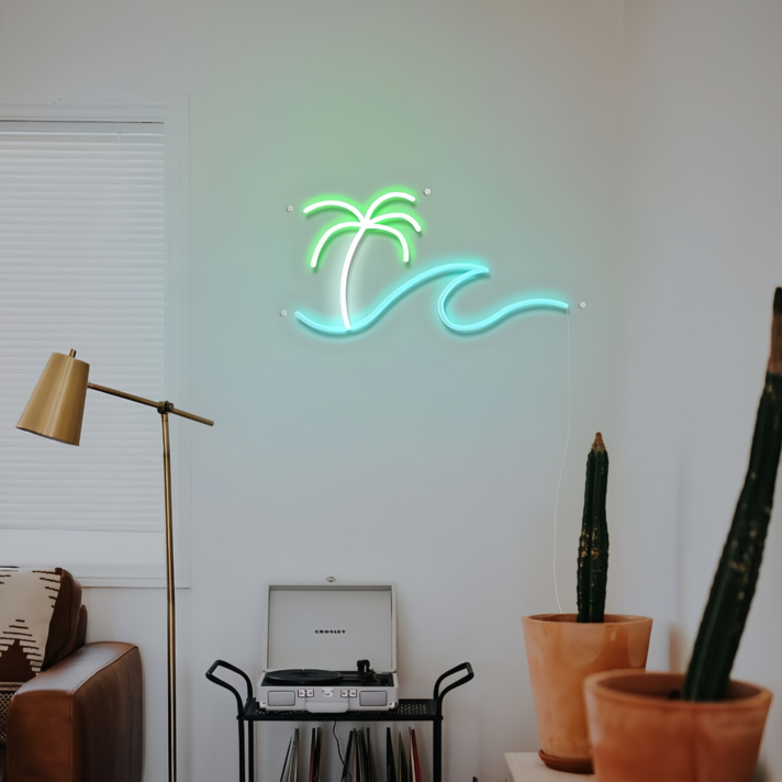 Beach Vibes Palm Tree Waves Neon Sign