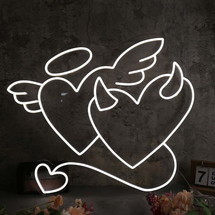 Angle And Devil Heart White Neon Sign