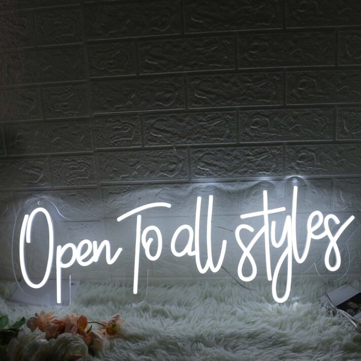 Open To All Styles White Neon Sign