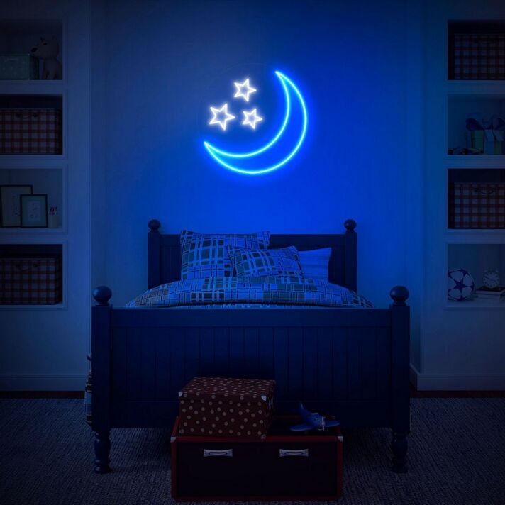 Blue Moon Stars The Night Is Alright Neon Sign for Whimsical and Fun Spaces