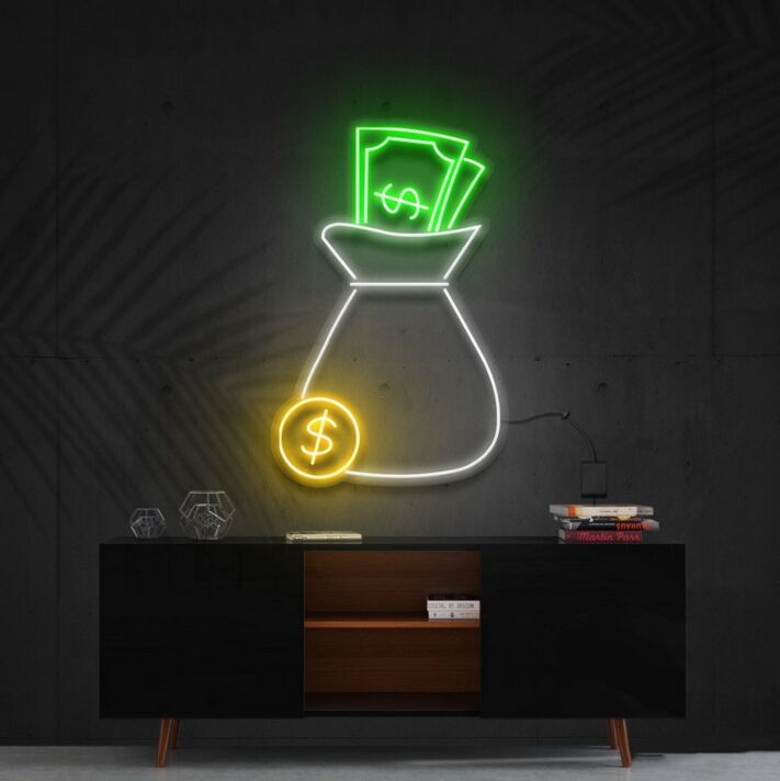 Cash Bag Multicolour Neon Sign for Wealth Themed Decor