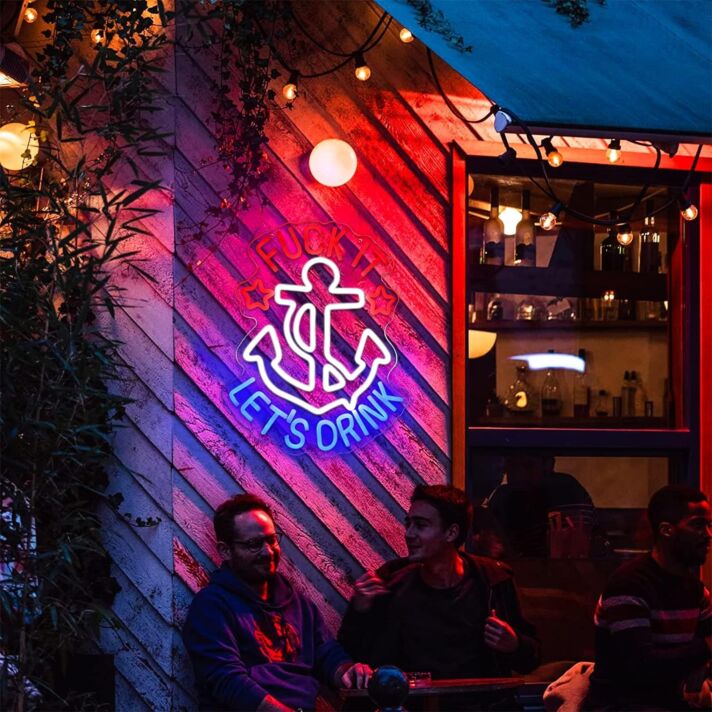 White Anchor with Red Fuck It and Dark Blue Let's Drink Neon Sign Bar Fun