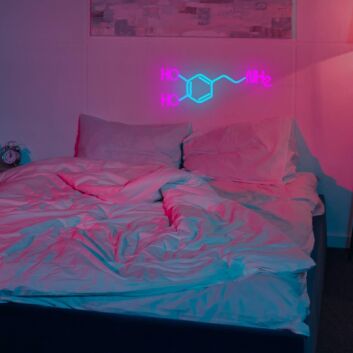 Elevate Your Science-Themed Bar or Home Office Decor with the Dark Pink and Deep Blue Chemical Structure of Molecules Neon Sign.