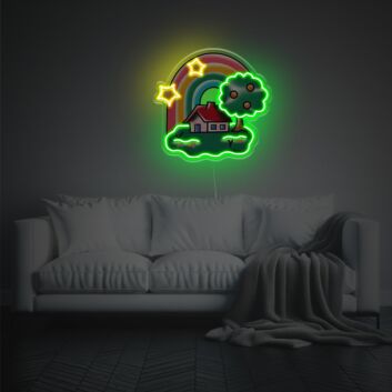Brighten Up Your Space: House Land With Rainbow And Stars LED Neon Acrylic Artwork - Perfect for Home Decor, Office Ambiance, and Memorable Celebrations