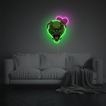 Elevate your Bar, Event, or Bedroom Ambiance with the Striking Monster Mask With Pink Heart LED Neon Acrylic Artwork.
