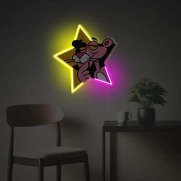 Brighten Up Your Bar, Office, or Wedding with Playful Pink Panther With Yellow Star LED Neon Acrylic Artwork.