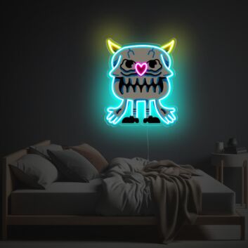 Brighten Your Bar, Office, or Halloween Decor with Skullful Guy With Yellow Corns And Heart Nose LED Neon Acrylic Artwork.