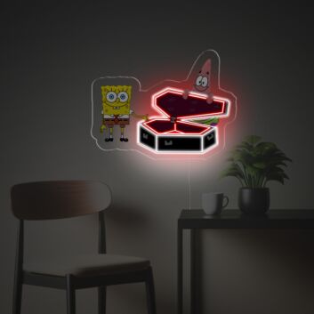 Brighten Up Your Space: Spongebob And Patrick With Coffin LED Neon Acrylic Artwork Ideal for Children's Rooms, Themed Parties, and Playful Home Decor.