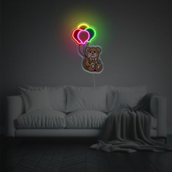 Brighten Your Child's Room, Play Area or Birthday Celebrations with Teddy Bear With Colorful Balloons LED Neon Acrylic Artwork.