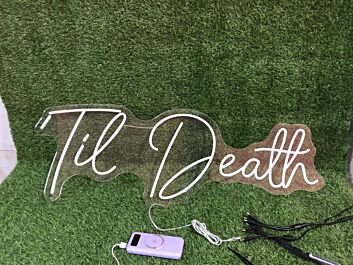 Brighten Your Wedding, Bar, and Home with the Unique Glow of the Yellow Til Death LED Neon Sign.