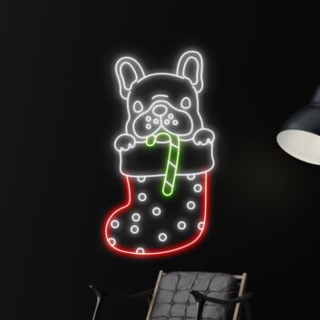 Elevate Your Festive Decor: Bulldog With Christmas Stocking Led Neon Sign for a Joyful Holiday Ambiance in Homes, Parties, and Bars