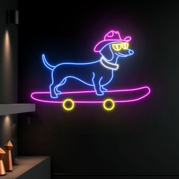 Brighten Up Your Space: Cowboy Dachshund Skateboarding Led Neon Sign - Perfect for Home Decor, Bars, and Party Ambiance.
