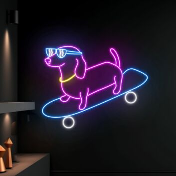 Brighten Your Space: Cute Dog Skateboarder Led Sign Dachshund Neon Light, Perfect for Home Decor, Offices, and Pet Shops.