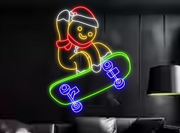 Brighten Up Your Holidays: Perfect for Christmas Decor, Parties, and Kids Rooms - Gingerbread Man Skateboarding Led Neon Sign.