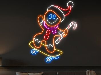 Brighten Your Festive Season: Perfect for Christmas Decor, Parties, and Store Windows with Gingerbread Man Skateboarding Led Neon Sign Xmas Neon Light.